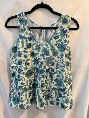 Grace + Karma Boho Floral Paisley Tiered Peplum TankTop V-Neck Size S Blue Green